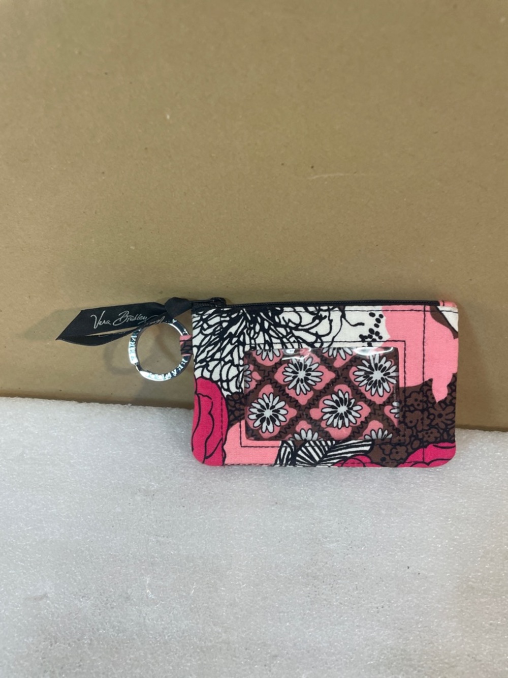 Vera Bradley Pink Floral Quilted Zip Card Case with Key Ring